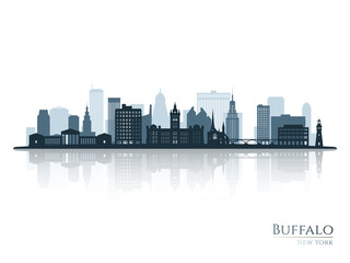 Buffalo skyline silhouette with reflection. Landscape Buffalo, New York. Vector illustration.
