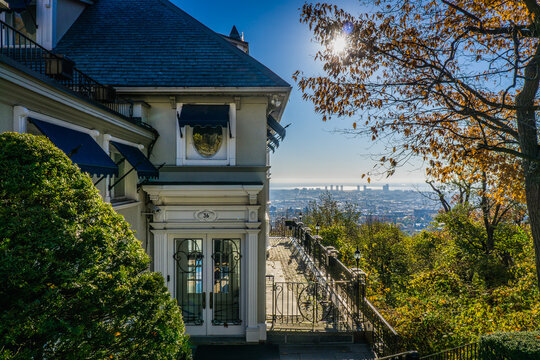 View on Montreal and the beautiful architecture of one of the mansion of the rich Westmount neighborhood of Montreal, Quebec (Canada)