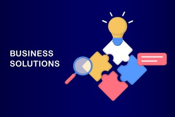 Business solution and support, problem solving and decision making, innovative ideas concept. Connecting puzzle elements, team metaphor, business approach, brainstorming. 3D web vector illustration.