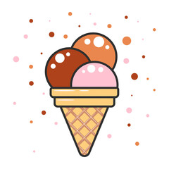 Three scoops of ice cream in a waffle cone on a white background. Vector flat outline icon