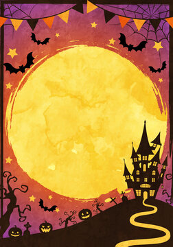 城や蝙蝠のシルエットのハロウィンの満月の夜のベクターイラスト背景(ガーランド,art,holiday,card,celebration,silhouette)