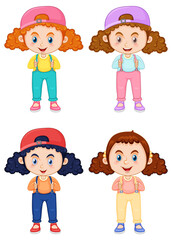 Set of cute girl cartoon character with curly pigtail hair