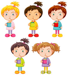 Set of cute girl holding a cup of water