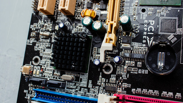 An old motherboard. Inside details of the old personal computer.