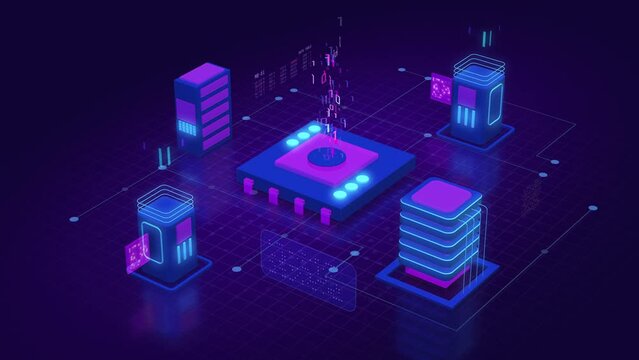 stylized animation, cpu with computer server, concept of data center, cloud computing, data storage, big data (3d render)