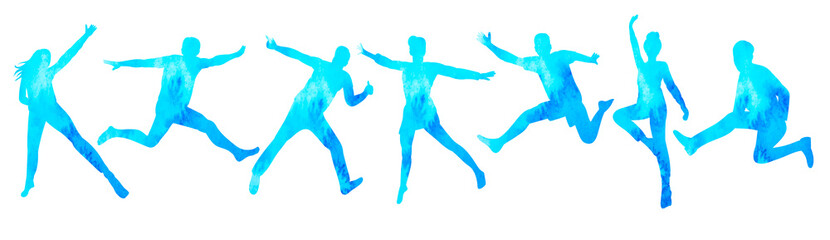 people jumping watercolor silhouette, on white background, isolated, vector