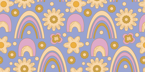 Fototapeta premium Groovy y2k retro seamless pattern with daisy flower, rainbow. Retro vector illustration. Groovy flower background. Colorful hippie seamless pattern illustration