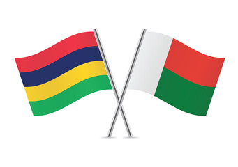 Mauritius and Madagascar crossed flags. Mauritian and Malagasy flags on white background. Vector icon set. Vector illustration.