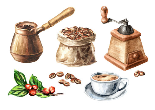 Classic Coffee Grinder, Cezve, cup of coffee and coffee beans. Hand drawn watercolor illustration isolated  on white background