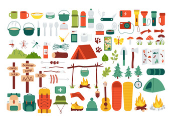 Large set of hiking equipment. Items for summer camping, trekking. Travel supplies icons for outdoor base camp. Backpack, campfire, tent, pointers, bowler hat. Isolated flat vector illustration - obrazy, fototapety, plakaty