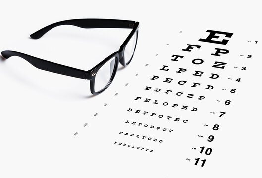 Eye chart for visual acuity testing and black rimmed eyeglasses