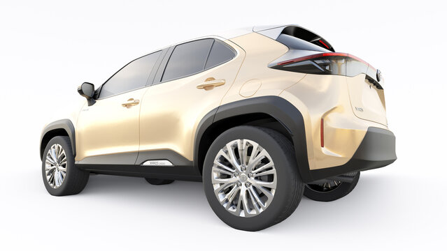 Tokyo, Japan. April 20, 2022: Toyota Yaris Cross 2020. Compact SUV with a hybrid engine and four-wheel drive for the city and suburban areas on a white isolated background. 3d illustration