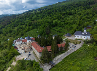 Fototapeta na wymiar Landscape with the Pangarati Orthodox Monastery in Romania seen from above