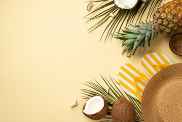 Fototapeta na wymiar Summer weekend concept. Top view photo of yellow striped slippers sunhat tropical fruits coconuts pineapple and palm leaves on isolated beige background with copyspace