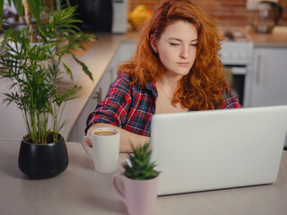 Fototapeta premium Beautiful young woman in casual clothes using laptop and smiling while working indoors, sitting next to hot coffee. technology woman concept for alternative freelance office