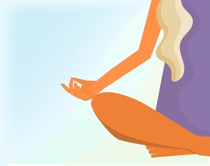 Silhouette of a cute woman doing yoga in the lotus position. Meditation concept, healthy lifestyle. Pretty blonde close-up with space for text. Modern vector design for yoga day in flat style.