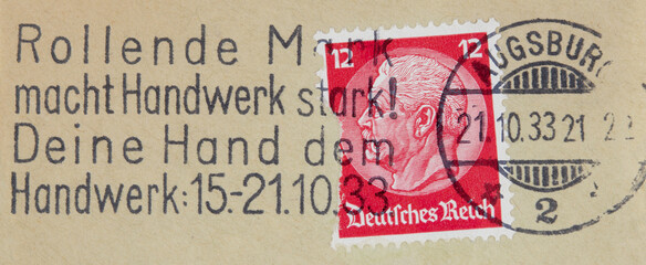 stamp vintage retro alt old deutsches reich rot red 1933 slogan werbung text rollende mark macht...