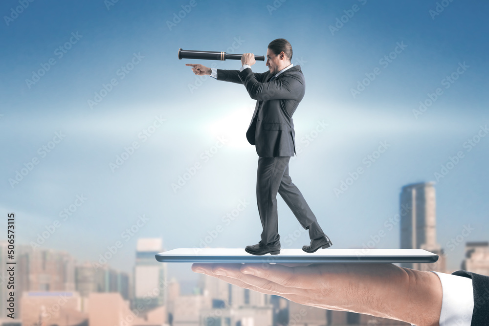 Poster Abstract image of businessman with telescope looking into the distance while standing on tablet. Future, market research and success concept. City background with mock up place.