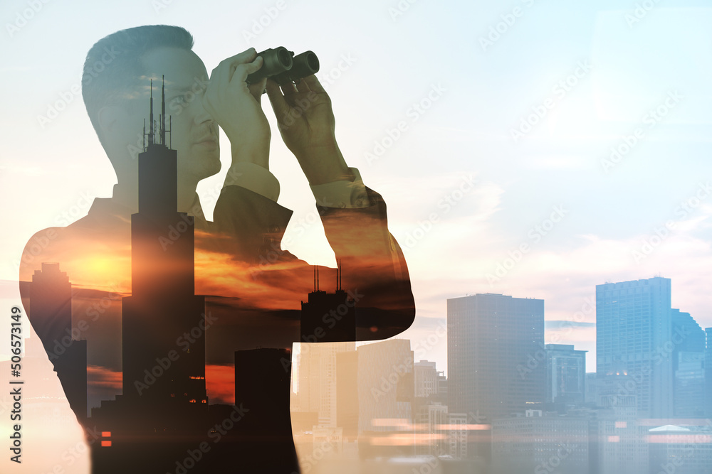 Poster abstract silhouette of man with binoculars looking into the distance on bright city background with 