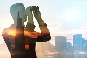 Abstract silhouette of man with binoculars looking into the distance on bright city background with mock up place. Future, tomorrow, leadership and CEO concept. Double exposure.