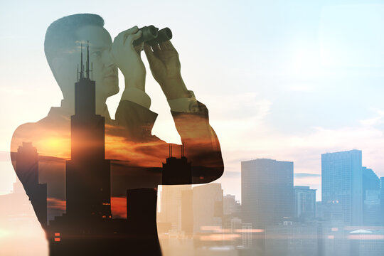 Abstract Silhouette Of Man With Binoculars Looking Into The Distance On Bright City Background With Mock Up Place. Future, Tomorrow, Leadership And CEO Concept. Double Exposure.