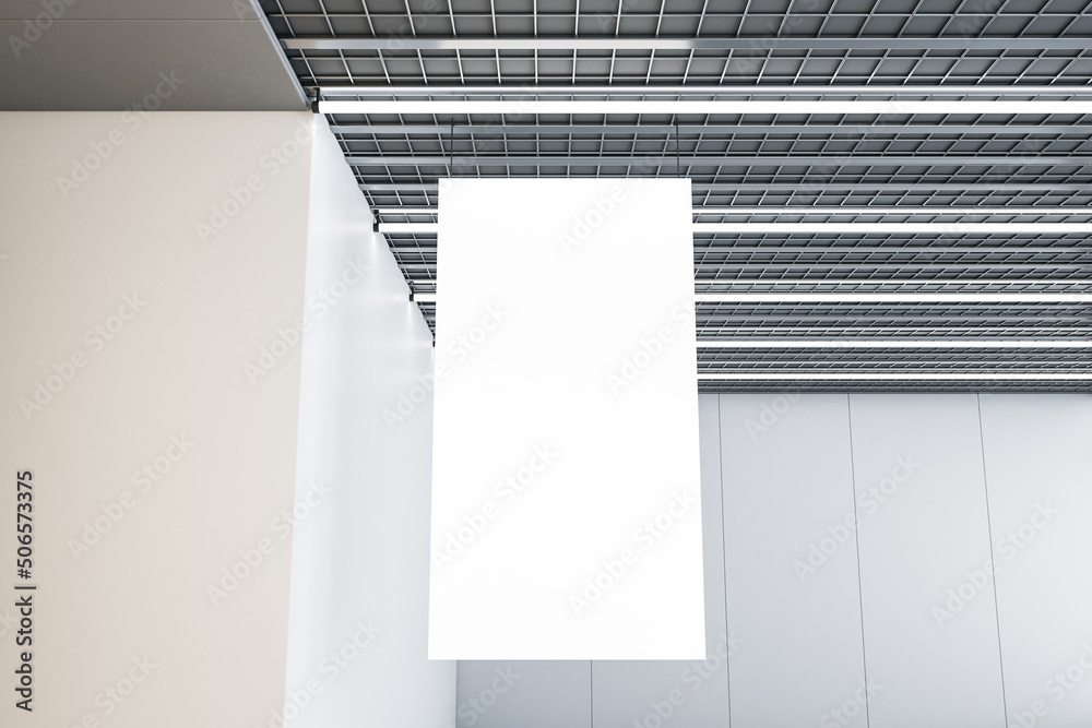 Poster close up of empty white stopper hanging in concrete interior with industrial ceiling. mock up, 3d re