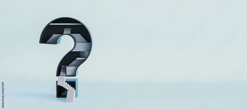 Aufkleber Mind games and maze concept with many stairs in question mark on light background with space for your text. 3D rendering, mockup