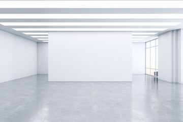 Empty spacious light exhibition or gallery hall with front view on blank white wall, glossy concrete floor, white ceiling and windows. 3D rendering, mockup