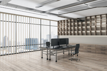 Contemporary glass office interior with window and city view, furniture and equipment. Workplace...