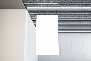 Close up of empty white stopper hanging in concrete interior with industrial ceiling. Mock up, 3D...