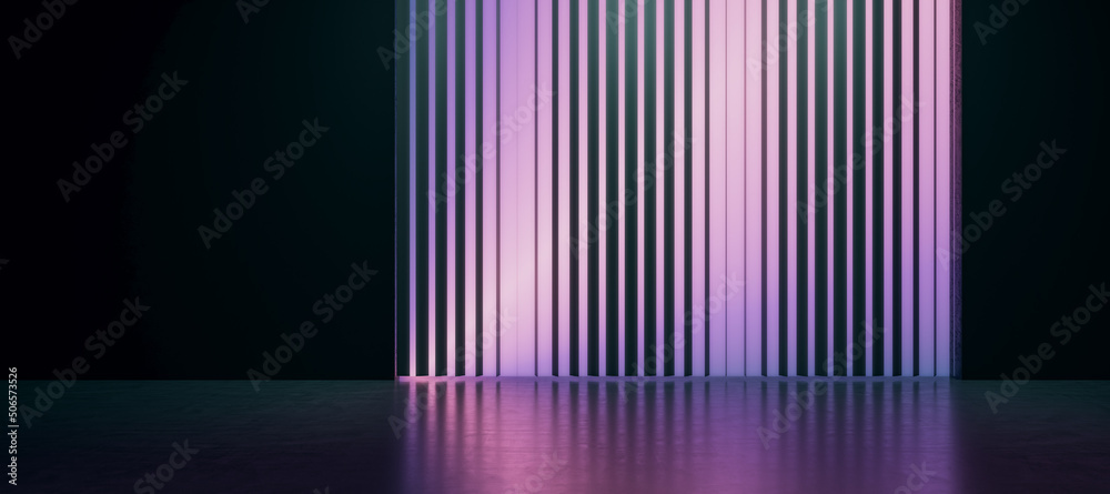 Poster dark panoramic interior with purple blinds wall and mock up place on black space. presentation conce