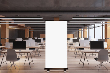 Blank white floor poster in the center before entrance to spacious coworking office with wooden interior design and floor. 3D rendering, mock up