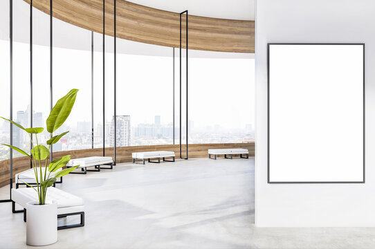 Blank white poster in sunny round office waiting area with black and white benches, wooden window decoration, city view from huge window and glossy marble floor. 3D rendering, mock up