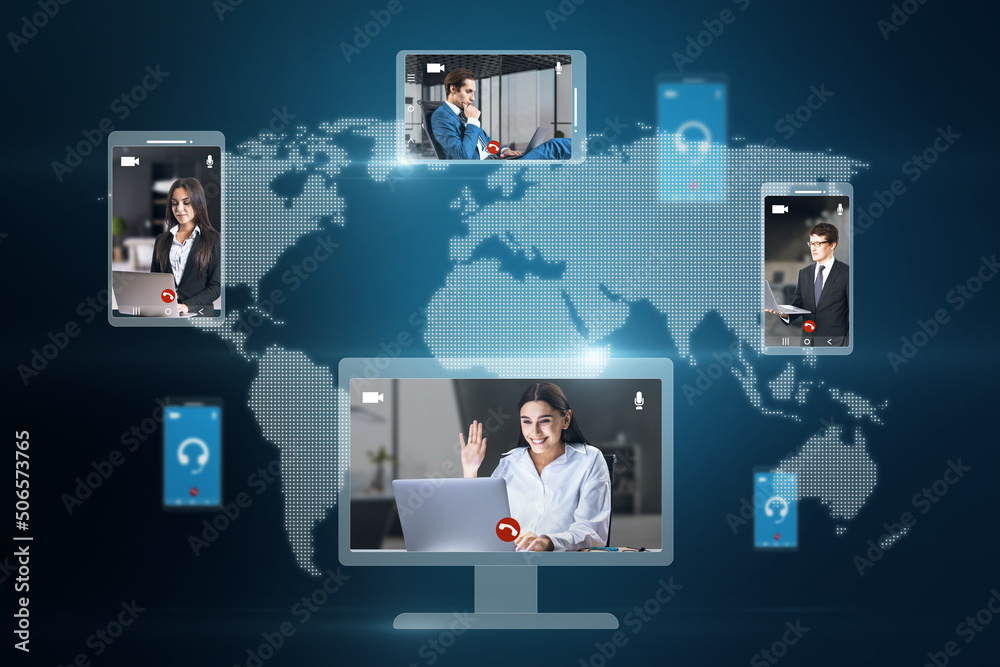 Poster creative globe map with computer screens and creative video conference call between attractive young
