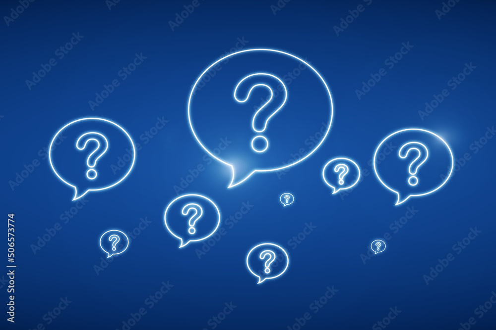 Poster Creative glowing digital question marks on blue background. FAQ and app concept. 3D Rendering.