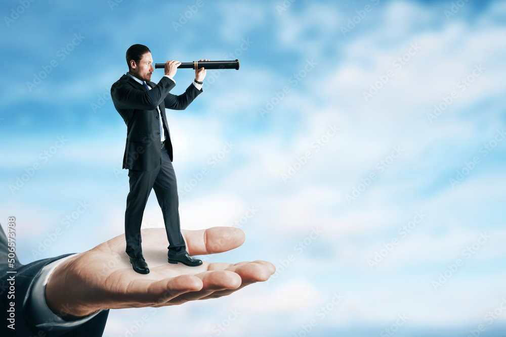 Aufkleber Abstract image of businessman with telescope looking into the distance while standing on palm. Future, market research and success concept. Clouds and sky background with mock up place.