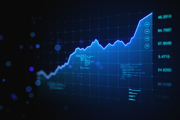 Financial market growth concept with digital forex market indicators, graphs and numbers on abstract dark virtual wall background. 3D rendering