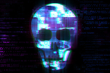 Human skull on glitched screen background. Computer virus, hacker or malware software, phishing...