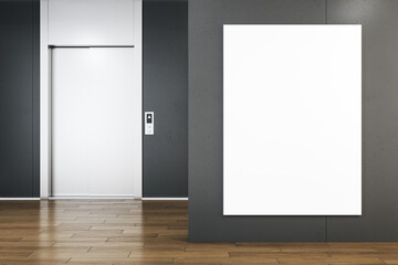Front view on blank white poster on dark wall in empty business center hall with modern white elevator and parquet floor. 3D rendering, mock up
