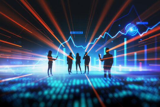 Investing teamwork and transaction processing concept with people group silhouette and abstract technology backdrop with digital financial graph