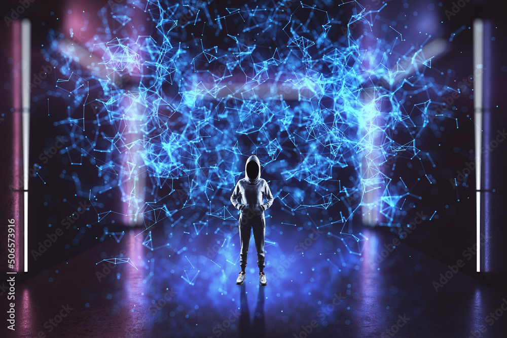 Poster Hacker standing in abstract interior with blue polygonal mesh. Technology, security and web hacking concept. Double exposure.