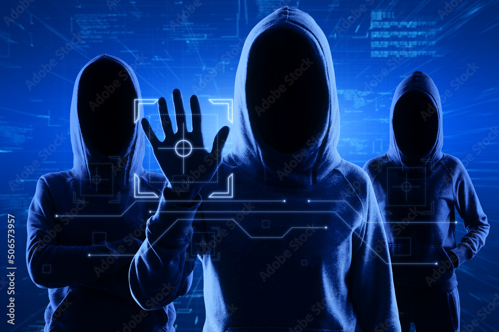 Poster Group of hackers standing on abstract blue background and using digital interface with hand. Hacking, access and virus concept. Double exposure.