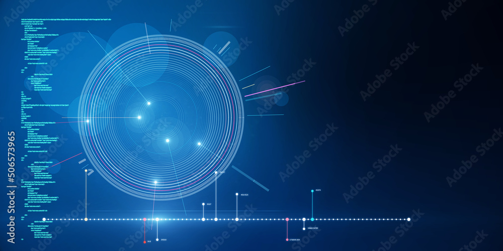 Aufkleber Futuristic blue HUD interface with glowing programming code on blurry background with mock up place. Digital start up, future and technology concept. 3D Rendering.