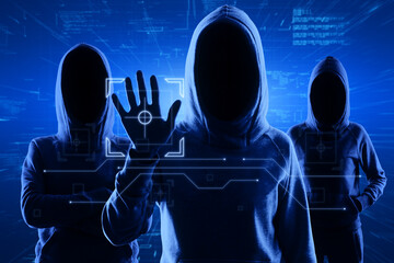 Group of hackers standing on abstract blue background and using digital interface with hand....