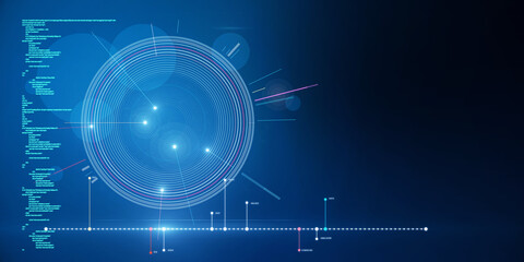 Futuristic blue HUD interface with glowing programming code on blurry background with mock up place. Digital start up, future and technology concept. 3D Rendering.