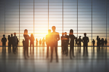 Business teamwork and corporate work concept with people silhouettes in spacious office hall at...