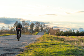 Fototapeta premium A cyclist rides on an asphalt road in the countryside during sunset past beautiful fields and flower meadows. A receding single cyclist on an empty road.
