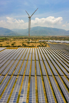 Aerial view of Solar panel, photovoltaic, alternative electricity source - concept of sustainable resources on a sunny day, Thuan Bac, Ninh Thuan, Vietnam