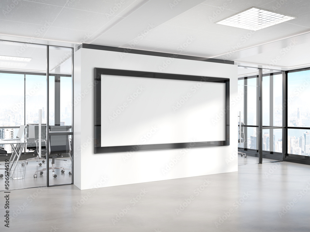 Poster panoramic frame mockup hanging on office wall. mock up of a large billboard in modern company interi
