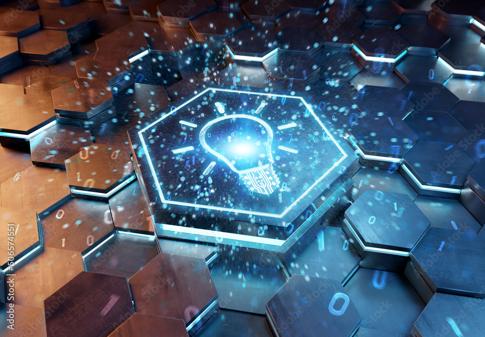 Aufkleber Lightbulb icon creativity concept engraved on metal hexagonal pedestral background. Innovation symbol glowing on abstract digital surface. 3d rendering